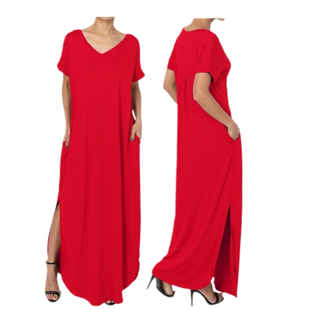 Short Sleeve, Side Slit V-Neck, Pockets Maxi Dress